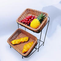 Supermarket Buffet Display 2 Tier Plastic Rattan Basket With Coated Metal Stand