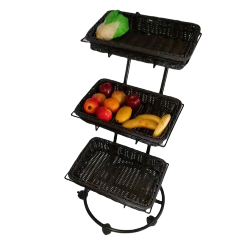 Retail shop supermarket metal fruit display rack, wicker basket fruit rack, 3 tier vegetable display stand