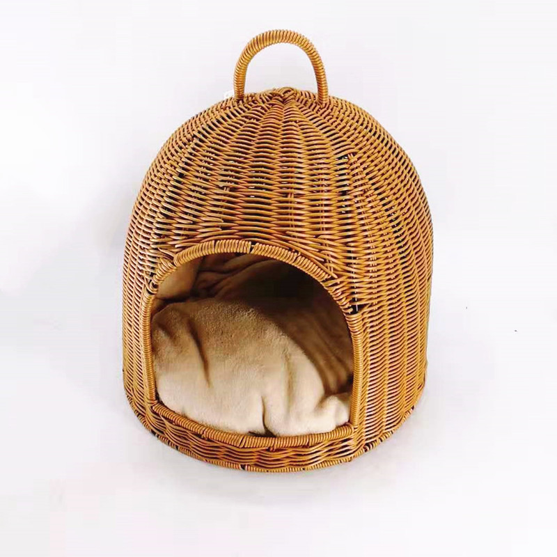 Washable Rattan Pet Basket Bed With Cushion Poly Wicker Pet House For Small Dogs and Cats